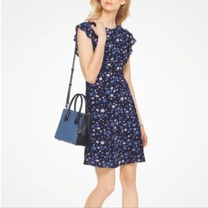 MICHAEL KORS Lightweight UnlinedNavy Floral Flounce Sleeveless Mini Dress Medium